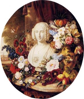 維爾 賽多利斯 A Still Life With Assorted Flowers Fruit And A Marble Bust Of A Woman